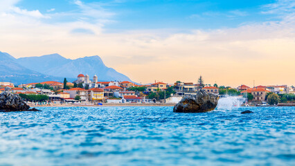 panoramic view of greek village and sea- travel, vacation, tour tourism in greece- peloponnese,