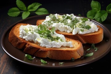 Canvas Print - A delectable image of two pieces of bread topped with cheese and herbs. Perfect for illustrating a delicious snack or a quick and easy meal idea