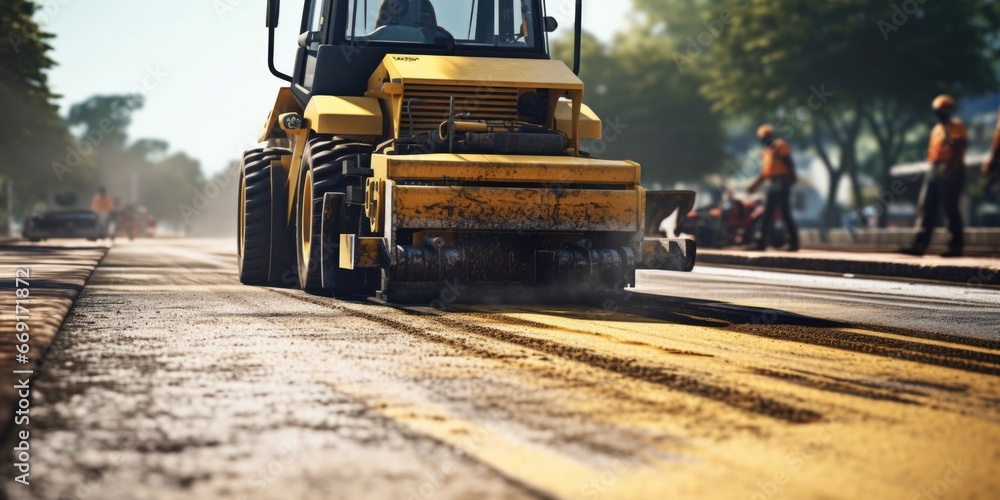 Construction Using Vehicle A large yellow construction vehicle driving down a street. This image ...