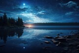 Fototapeta Na sufit - A serene night scene featuring a peaceful lake illuminated by the light of a full moon. This image can be used to create a calming atmosphere or to depict the beauty of nature at night.