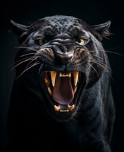 A Snarling Young Black Panther Bared His Fangs And Looks Into The Camera Without Blinking. A Strong And Dangerous Predator On A Black Background. Close-up.