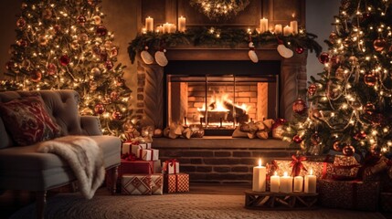 Canvas Print - Cozy living room with candles, fireplace and christmas decorations. Vintage style. Interior of a cozy living room with a fireplace, a Christmas tree and gifts.