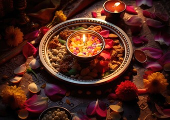 A high-angle shot of a Diwali sweet being served on a traditional platter,surrounded by colorful fl