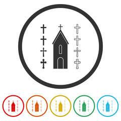 Sticker - Church with set of crosses icon. Set icons in color circle buttons