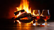 © Gabriel - Cognac glasses on dark wooden table, isolated with a lit fireplace in the background. Generative AI