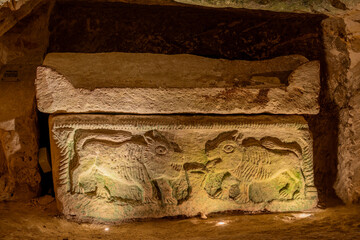 Sacophagus of the Lions in the Cave of the Coffins at Bet She'arim in Kiryat Tivon, Israel
