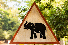 Elephant Warning Sign On One Of The Roads Surrounding The Angkor Wat Area In Cambodia.