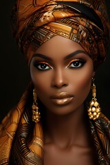 Wall Mural - Close-up of a high-fashion model with captivating African features, exuding an air of refinement and grace. She wears a tasteful design outfit that highlights her unique beauty and personal style.