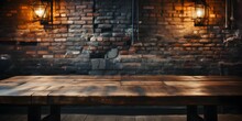Empty Wooden Table With Dark Brick Wall Background