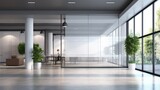 Fototapeta  - contemporary office corridor interior with mock up white billboard, glass doors, and modern furniture on concrete floors - architectural and design concept