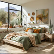 © Minimal Mocks - Boho Aesthetic bedroom, realistic photo, with wooden bed, cactus plants, sunlight coming from window, photo frame of cactus, deep green linen sheets and yellow pillows, vases, wooden night stands