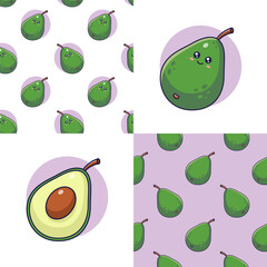 Wall Mural - Set of Cute Kawaii Avocado patterns. Food fruit flat icon. Cartoon Avocado seamless pattern, doodle style. Vector hand drawn illustration. Patterns for kids clothes. Avocado patterns collection