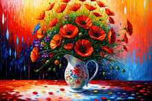 Bouquet Of Beautiful Poppies Flowers In A Glass Vase, Oil Painting On Canvas Art, Beautiful Flowers Background
