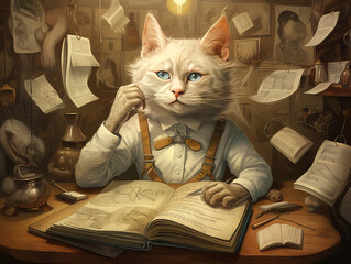 Wall Mural - Inventor cat at desk