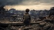 lonely boy in the destroyed city after the war
