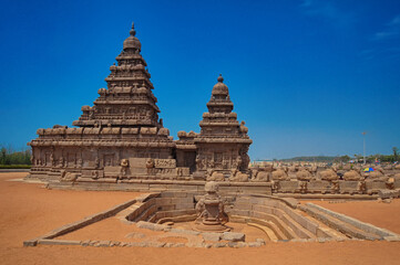 Famous Tamil Nadu landmark, UNESCO world heritage - Shore temple, world heritage site in Mahabalipuram,South India, Tamil Nadu, Mahabalipuram