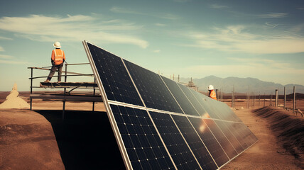 two men construct a solar pennel, renewable energies