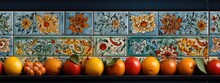 Seamless Patter With Colorful Wall Made Of Painted Tiles And Fresh Citrus Fruits