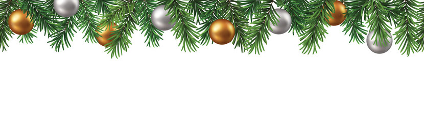 Wall Mural - christmas decorative border with branches and gold and silver baubles seamless pattern on transparen