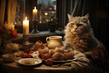 A Cat Sits In Front Of A Set Table In The Evening, Still Life. Generative Ai