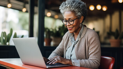 copy space, stockphoto, Aged African American woman working on her laptop. Grandmother man in glasses using laptop. Senior woman using a laptop, modern technology, cyberspace, internet.