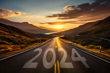 2024 New Year Concept. Road Trip, Travel And Future Vision. Nature Landscape With Highway Road Leading Forward To Happy New Year Celebration For Fresh And Successful Start