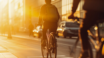 Two men on bicycles riding down a city street at sunset.