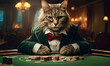 Stylish feline croupier in suit, focused on high-stakes game.