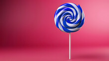 Illustration Of Colorful Striped White, And Blue Lollipop On A Pink Background. Wallpaper.
