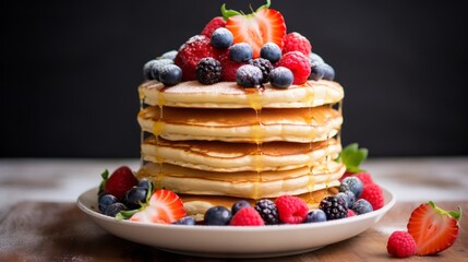 Wall Mural - Stack of fluffy pancakes with assorted fresh berries