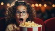 young small girl sitting in cinema hall holding bucket of popcorn looking scared or surprised into the camera, eyes and mouth wide open, enjoying and having fun at the movie theater