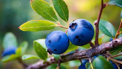 a close up of two blue berries on a tree branch generative ai