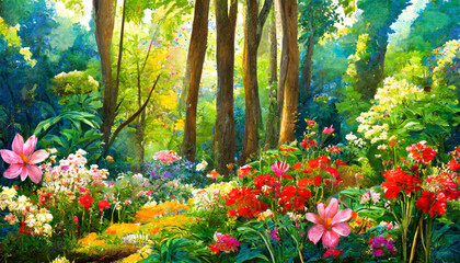 Wall Mural - a painting of a forest filled with lots of trees and flowers generative ai