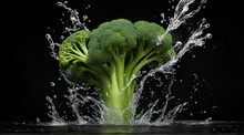 Broccoli Splashing Into Blue Water On Black Background