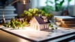 a concept holo 3d render model of a small living house on a table in a real estate agency. signing mortgage contract document and demonstrating. futuristic business. blurry background 