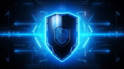 Futuristic cyber security shield guard blue abstract digital glowing background. Hacking technology computer network protection concept 