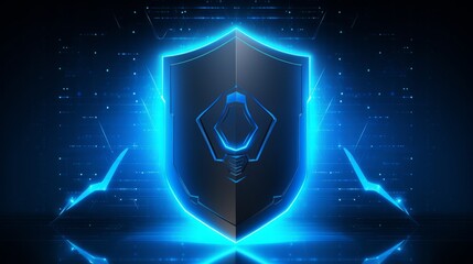 Futuristic cyber security shield guard blue abstract digital glowing background. Hacking technology computer network protection concept 