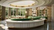 modern kitchen interior, oval luxurious architectonic mid century kitchen with full amenities and dining lounge area, geometric shapes, rich materials, detailing, bright, green white gold, natural lig