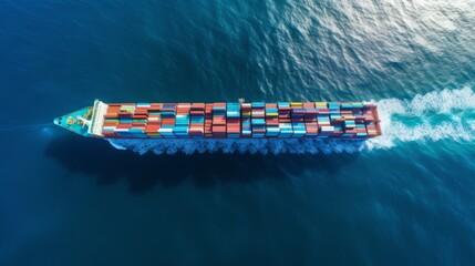 Wall Mural - a container ship is floating on the water next to the shore, in the style drone photography