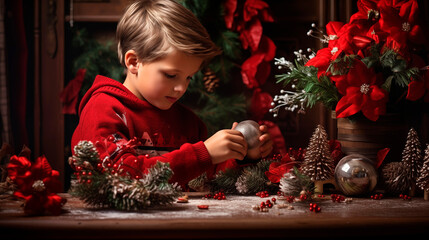 Wall Mural - Cute little boy making Christmas decoration.