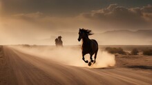   A Horse In The Sunset _A Dramatic Scene With A Horse Running On A Road. The Horse Is Black And Powerful,  