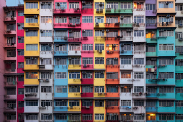 Wall Mural - Colored residential building facade with balconies. Bright front view apartments with windows. Real estate in city