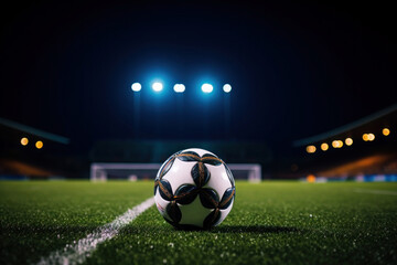 Wall Mural - Soccer ball on green grass at sport stadium. Soccer field with spotlights in the night