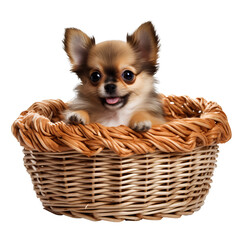 Wall Mural - Cute dog in a basket on transparent background PNG. Cute pet concept.