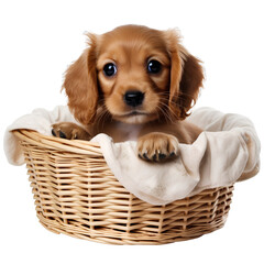 Wall Mural - Cute dog in a basket on transparent background PNG. Cute pet concept.