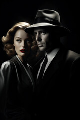 Wall Mural - Man and woman together in a classic Noir movie look. Femme fatale. Portrait of 40s or 50s couple.