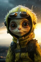 Poster - a cartoon alien wearing a yellow hoodie and goggles