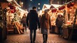 © ViktoGraphics - Happy couple walking on the Christmas market at night, a beautiful scene of a Christmas couple. Created using Generative AI technology.