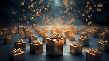 Gift box, gifts and presents box with ribbon, wrapped, pile of gifts,  gift card - Christmas, Wedding, Birthday generated with AI technology