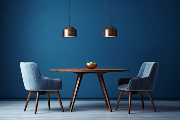 Wall Mural - Modern cozy living room with two chairs and little table on deep blue background. Generative AI